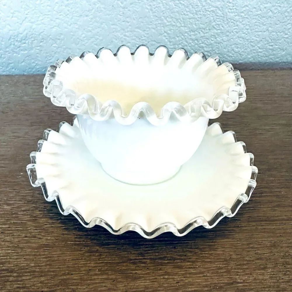 Vintage White Glass Ruffled Edge Bowl Cup Plate Set